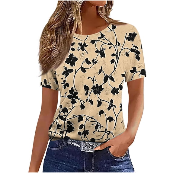 Alkepwun Womens Summer Tops Random Print Summer Slim Casual Short Sleeve Round Neck Top Lightweight Breathable Classic Basic T-Shirt