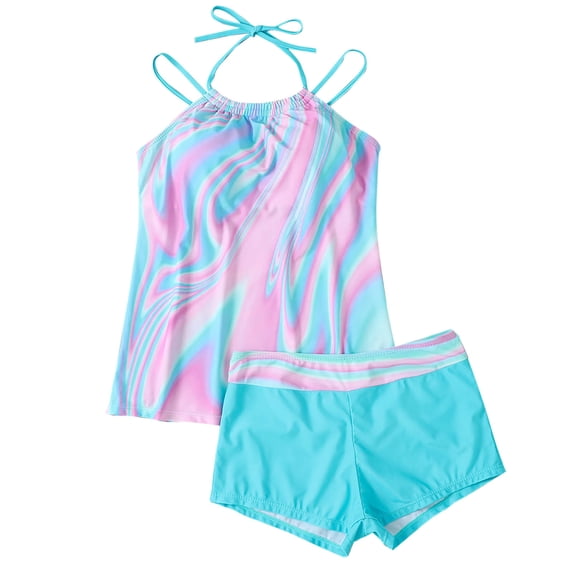 Alkepwun Womens Swim Tops Flowing Tankini Two-Piece Swimsuit Set Printed Adjustable Halter Modest Top Stretch Tummy Control Boyshort Swim Trunks