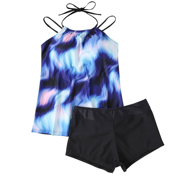 Alkepwun Womens Swim Tops Flowing Tankini Two-Piece Swimsuit Set Printed Adjustable Halter Modest Top Stretch Tummy Control Boyshort Swim Trunks