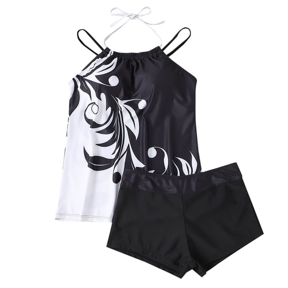 Alkepwun Womens Swim Tops Flowing Tankini Two-Piece Swimsuit Set Printed Adjustable Halter Modest Top Stretch Tummy Control Boyshort Swim Trunks