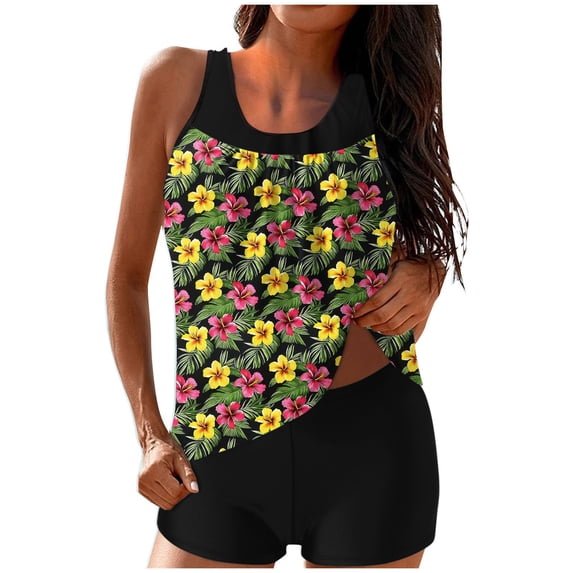 Alkepwun Womens Swimsuits Tankini Two Piece Plus Size Modest Bathing Suit Mesh Flowy Full Coverage Tummy Control Swim Top with Stretch Boy Shorts