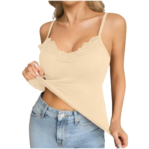 Alkepwun Womens Tank Tops V Neck Sleeveless Spaghetti Strap Lace Trim Undershirt Camisole Summer Comfort Breathable Stretch Basic Slim Vest Top