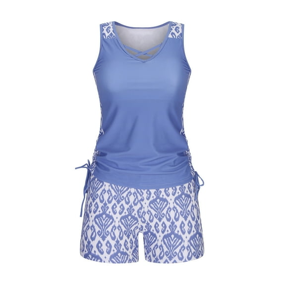Alkepwun Womens Tankini Two Piece Modest Bathing Suit Printed V-Neck Strap Side Drawstring Tank Top and Stretch Tummy-Control Bottoms