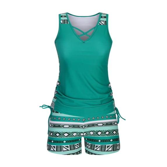Alkepwun Womens Tankini Two Piece Modest Bathing Suit Printed V-Neck Strap Side Drawstring Tank Top and Stretch Tummy-Control Bottoms