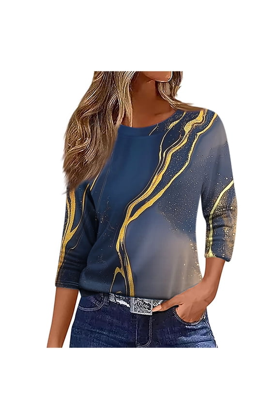Womens Tops 3/4 Sleeve Sexy Plus Size Tops Fall Slim Fit Shirts Casual Crew Neck Ethnic Printed Top