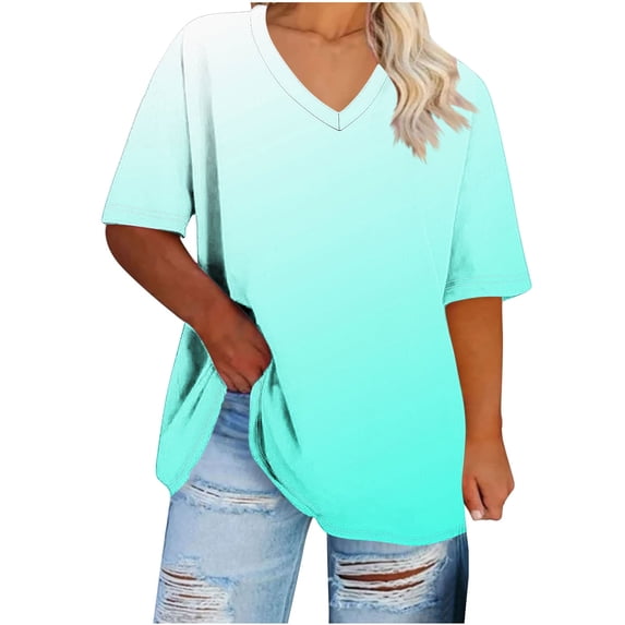 Alkepwun Womens Tops V Neck Short Sleeve Ombre Casual Loose Summer T Shirts Plus-Size Lightweight Comfortable Breathable Pullover Tees