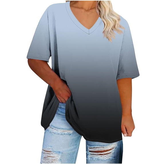Alkepwun Womens Tops V Neck Short Sleeve Ombre Casual Loose Summer T Shirts Plus-Size Lightweight Comfortable Breathable Pullover Tees