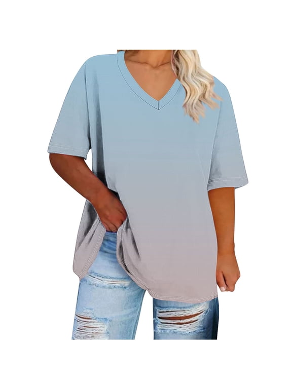 Womens Tops V Neck Short Sleeve Ombre Casual Loose Summer T Shirts Plus-Size Lightweight Comfortable Breathable Pullover Tees