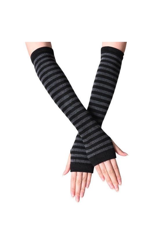 Womens Warm Fingerless Gloves Striped Elbow Length Knitted Stretchy Arm Warmers with Thumb Hole