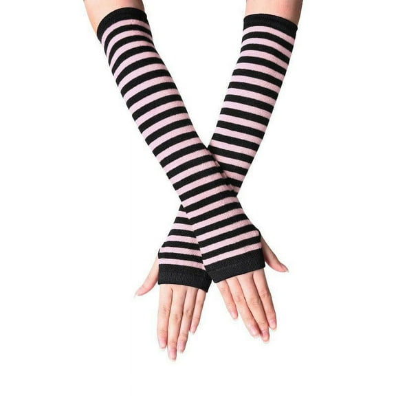 Alkepwun Womens Warm Fingerless Gloves Striped Elbow Length Knitted Stretchy Arm Warmers with Thumb Hole