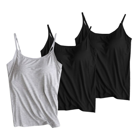 Alkepwun Workout Tank Tops Woman 3-Pack Camisoles with Built in Bra Slim Fit Modal Undershirt Adjustable Spaghetti Strap Pajama Yoga Tops