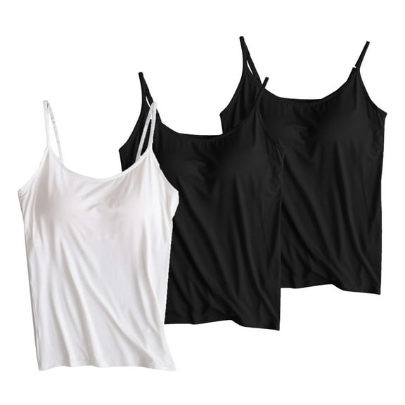 Alkepwun Workout Tank Tops Woman 3-Pack Camisoles with Built in Bra Slim Fit Modal Undershirt Adjustable Spaghetti Strap Pajama Yoga Tops