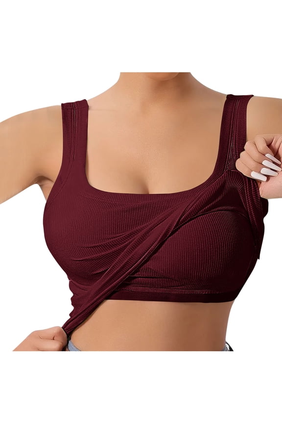 Workout Tank Tops Woman Square Neck Built-in Bra Strechy Sleeveless Slim Fit Tops Ribbed Wirefree Wide Strap Seamless Yoga Outdoor Vest