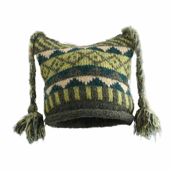 Alkepwun Y2k Hat Cat Ears Multicolor Knit Hats Fringe-Weave Winter Goth Beanie Hat Boho Cute Pullover Plait Knitted Crochet Vintage Fall