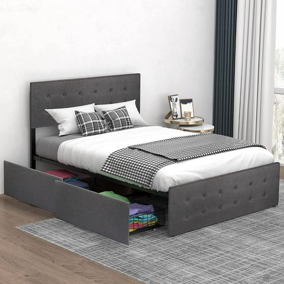 Alkmaar Queen Platform Bed Frame with Headboard and 4 Drawers Storage, Button Upholstered Mattress Foundation with Wood Slat Support, No Box Spring Needed