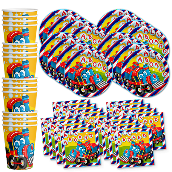 All Aboard! Train Birthday Party Supplies Set Plates Napkins Cups Tableware Kit for 16