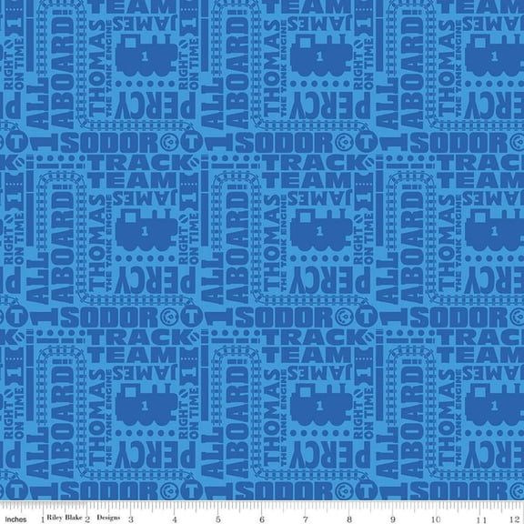 Cotton All Aboard Thomas and Friends Track Railroad Kids Blue Train Riley Blake Cotton Fabric Print by the Yard (C11004-Blue)