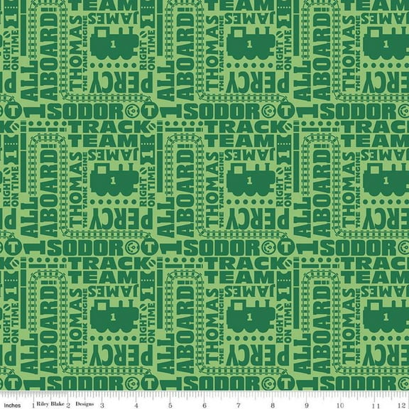 All Aboard with Thomas  Friends Text Green Cotton Fabric