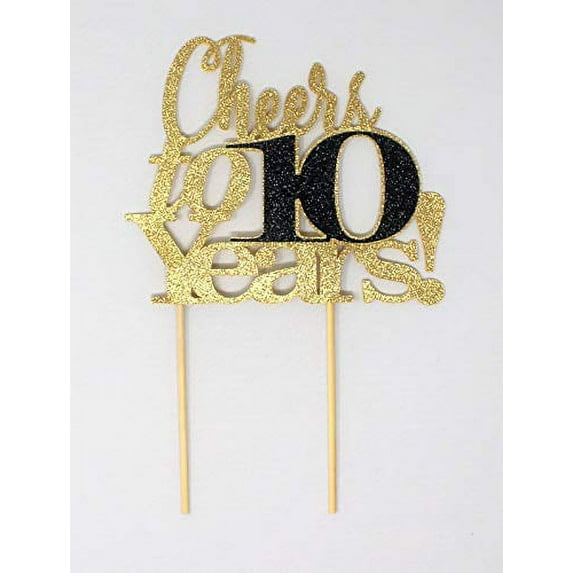 All About Details Cheers to 10 Years! Cake Topper, 1PC, 10th anniversary (Gold & Black)