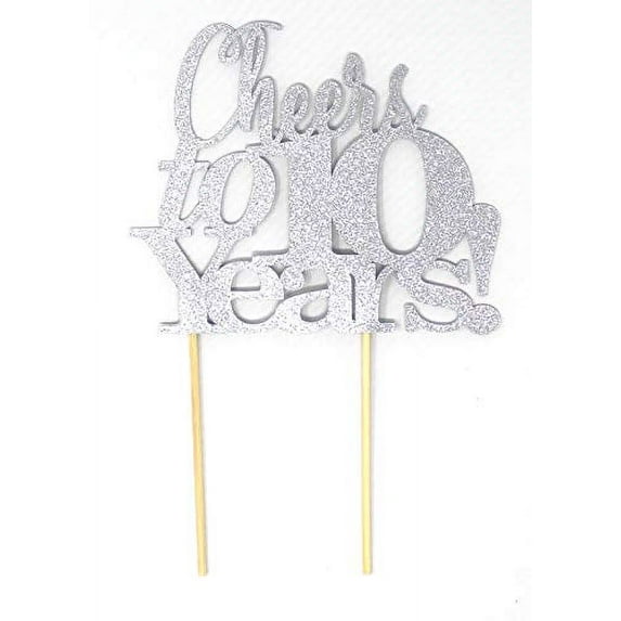 All About Details Cheers to 10 Years! Cake Topper, 1PC, 10th anniversary, retirement (Silver)