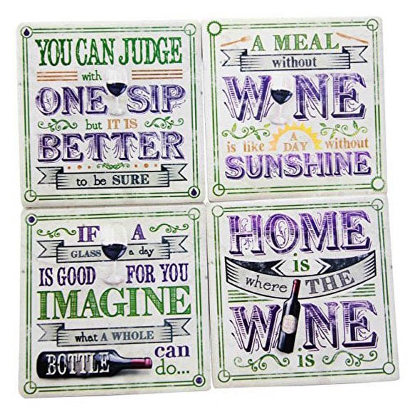 All About Wine Hosting Kitchen Decorative Ceramic Coaster Set Of 4 Corked Tiles