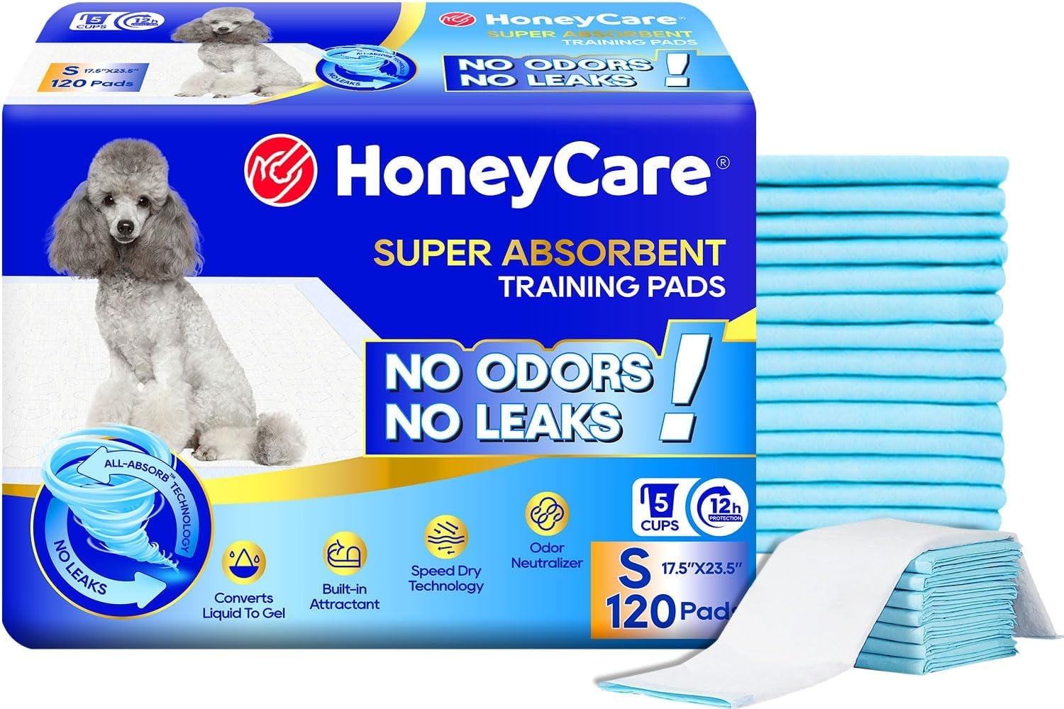 All-Absorb, Small 17.5" x 23.5", 120 Count, Dog and Puppy Training Pads, Ultra Absorbent and Odor Eliminating, Leak-Proof 5-Layer Potty Training Pads with Quick-Dry Surface, Blue, A05