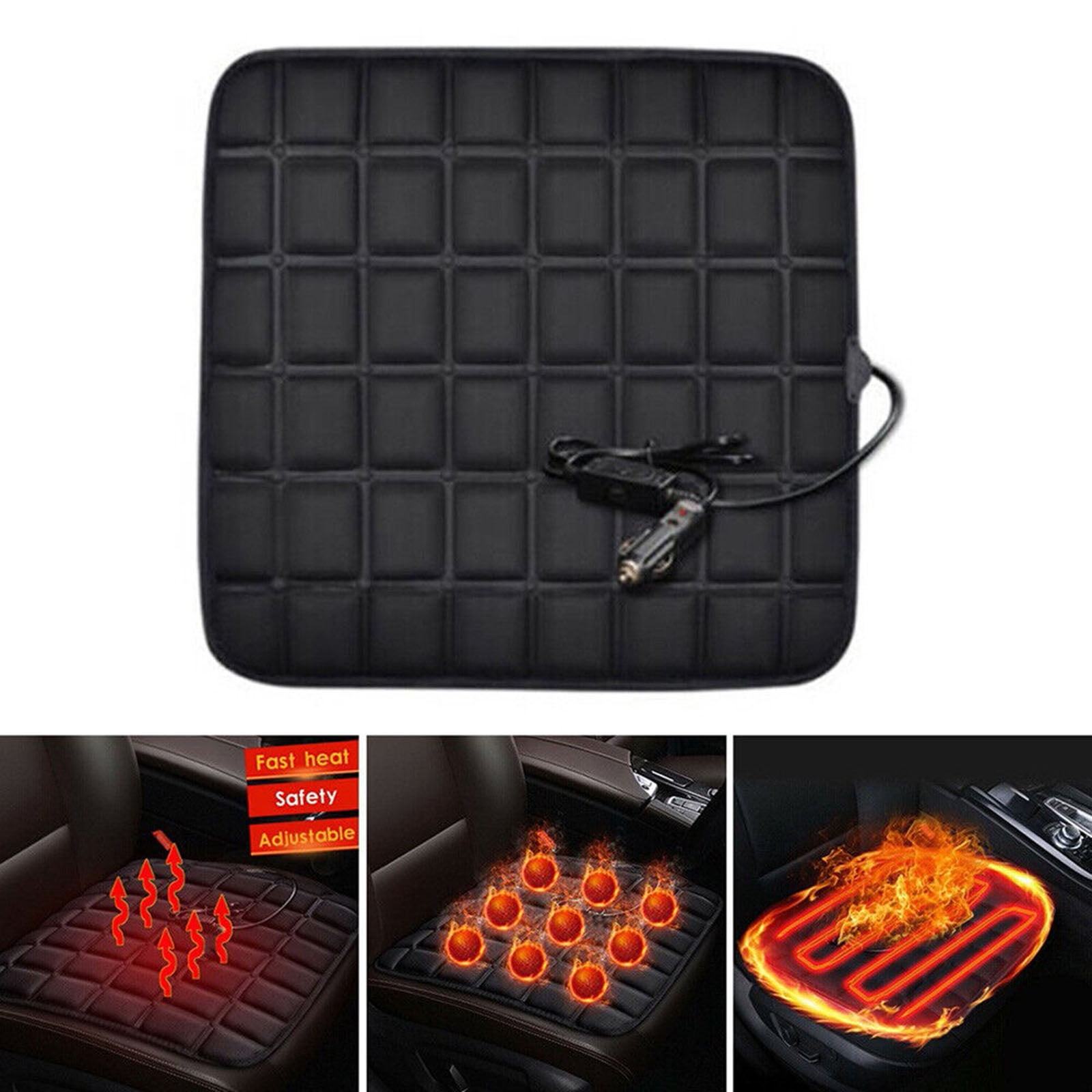 Stay Toasty All Winter! Universal 12V Heated Seat Cushion - Black Sheepskin Cover (1-Year Warranty)
