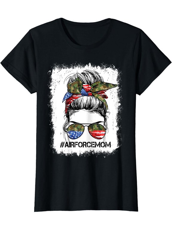 All American Airforce Mom Messy Bun Us Flag 4Th Of T-Shirt