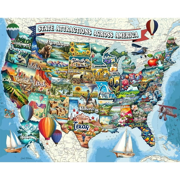 All American Attractions USA Map 1000 Piece Jigsaw Puzzle for Adults, Unique Cut Pieces Travel Theme Puzzle for Home Decor and Education