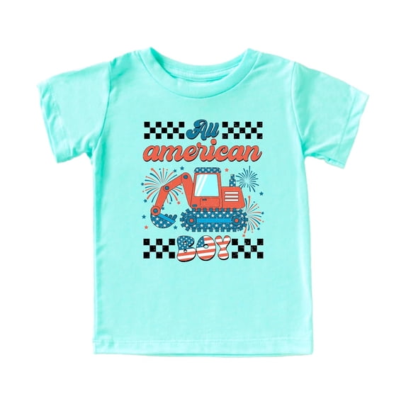 All American Boy 4th of July Shirt for Toddlers & Kids Patriotic Construction Excavator Graphic Tee Chill Shirt Youth Medium