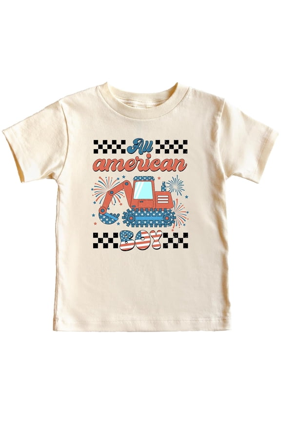 All American Boy 4th of July Shirt for Toddlers & Kids Patriotic Construction Excavator Graphic Tee Natural Shirt 12 Months