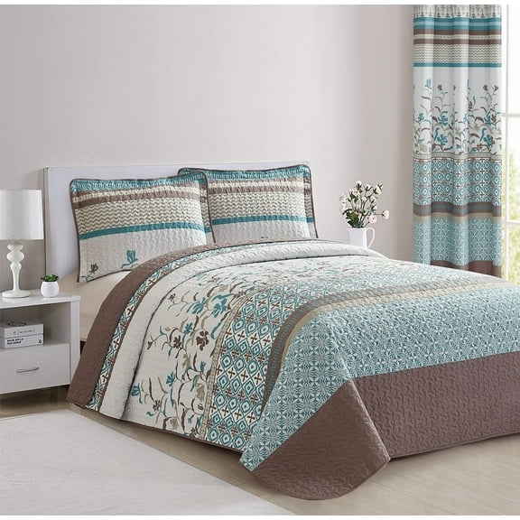 All American Collection 2 PC Floral Printed Brown and Turquoise Reversible Bedspread Quilt Set Coverlet and Pillow Sham Set Twin Size
