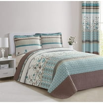 All American Collection 3 PC Floral Printed Brown and Turquoise Reversible Bedspread Quilt Set Coverlet and Pillow Sham Set Full/Queen Size