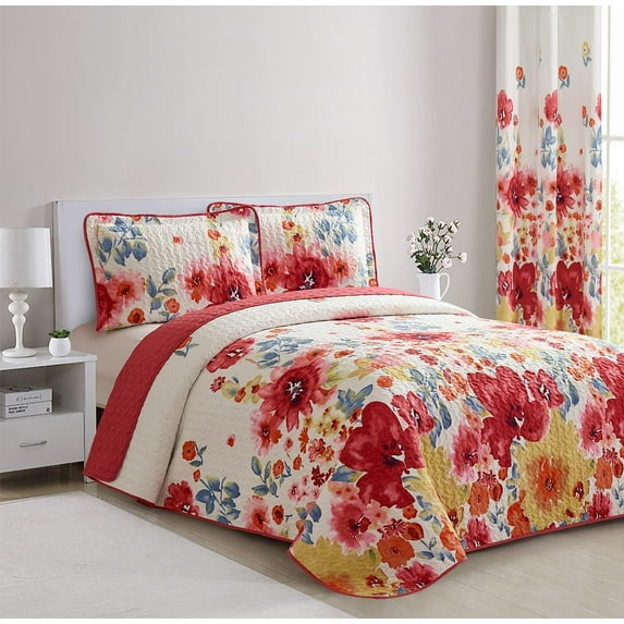 All American Collection 3 PC Floral Printed Red and Beige Reversible Bedspread Quilt Set Coverlet and Pillow Sham Set King/California King Size