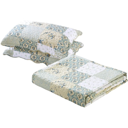 All American Collection Floral Blue Printed Patchwork Cotton Quilt, Full - Reversible