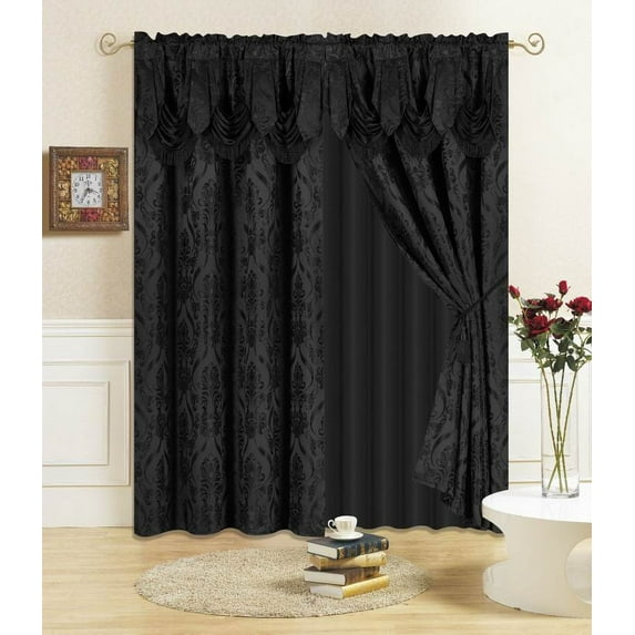 All American Collection Modern Black Solid Print Beige Sheer Kitchen Curtains, 54 x 84 in (4 Panels)