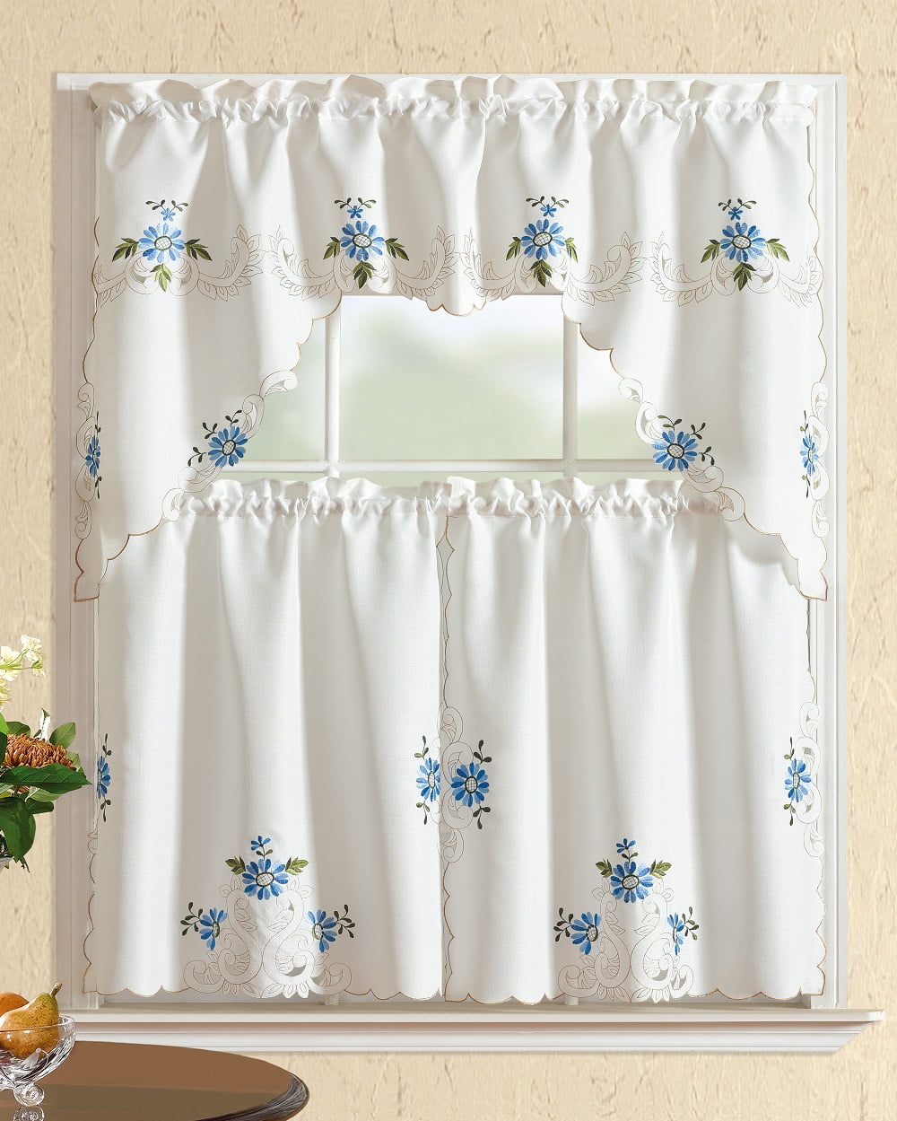All American Collection Modern Embroidered Swag Valance Kitchen Curtains, 60" x 36" (3 Panels)