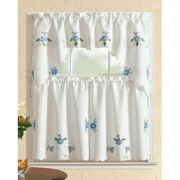 All American Collection Modern Embroidered Swag Valance Kitchen Curtains, 60" x 36" (3 Panels)