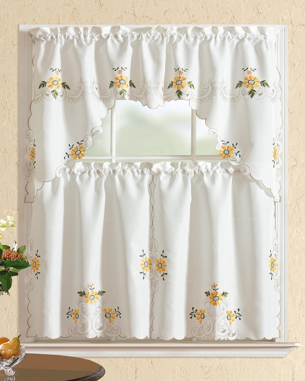 All American Collection Modern Embroidered 3pc Kitchen Curtain Set With Swag Valance