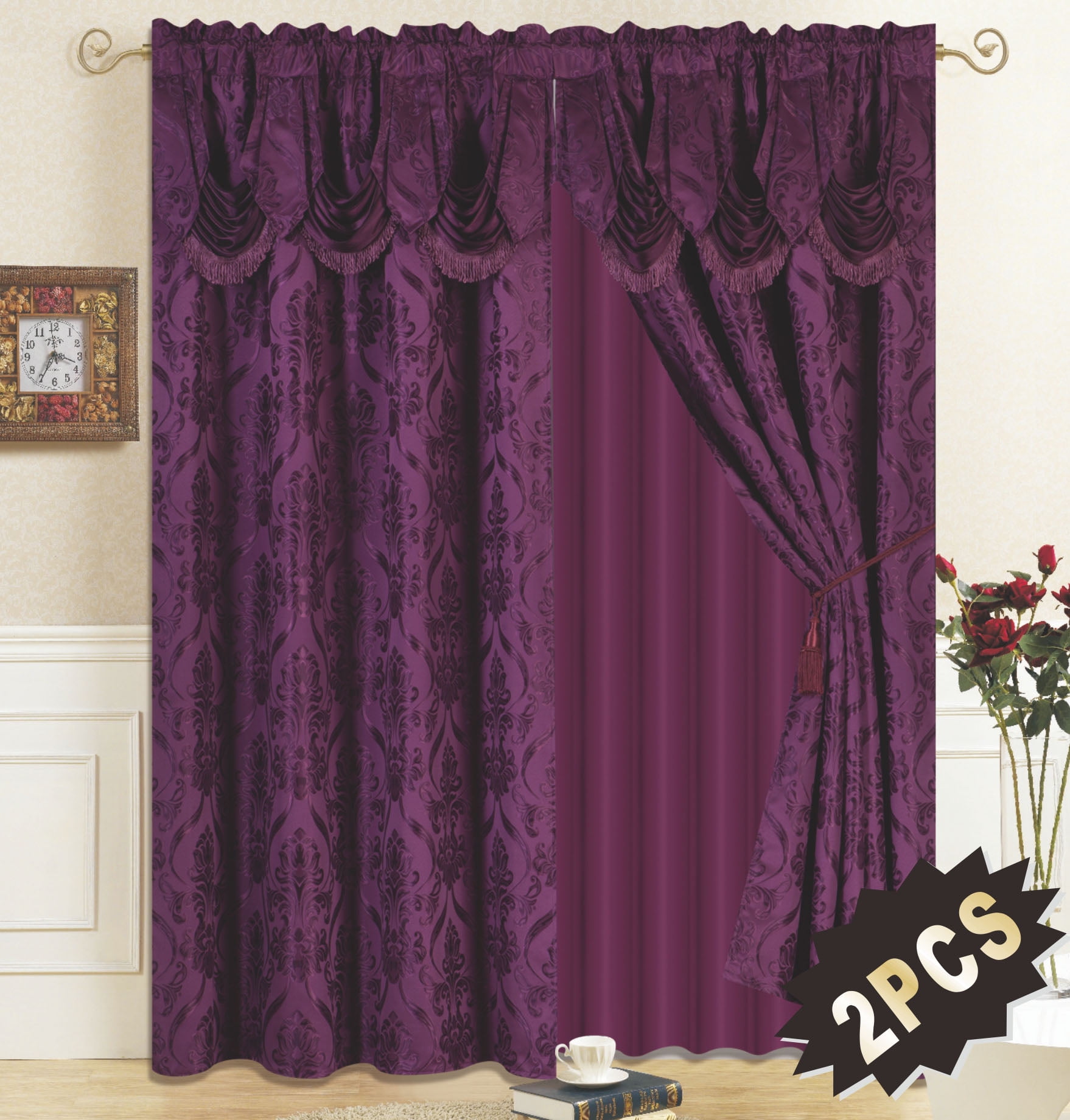 All American Collection New 4 Piece Drape Set with Attached Valance and Sheer with 2 Tie Backs Included (84" Length, Purple)