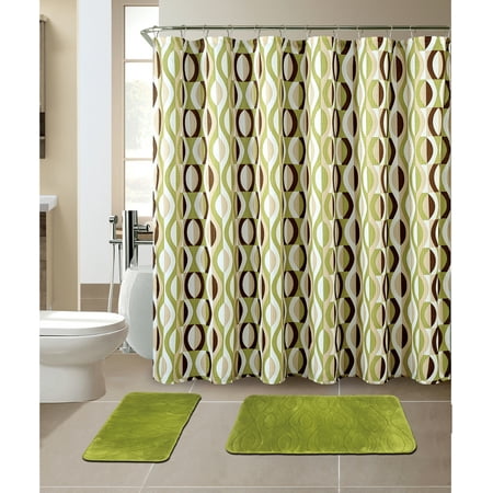 All American Collection New 15 Piece Bathroom Mat Set Memory Foam with Matching Shower Curtain