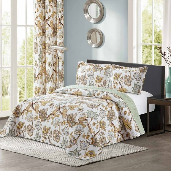 All American Collection New 3-Piece Printed Modern Floral Bedspread Coverlet (Oversized Queen, Yellow)