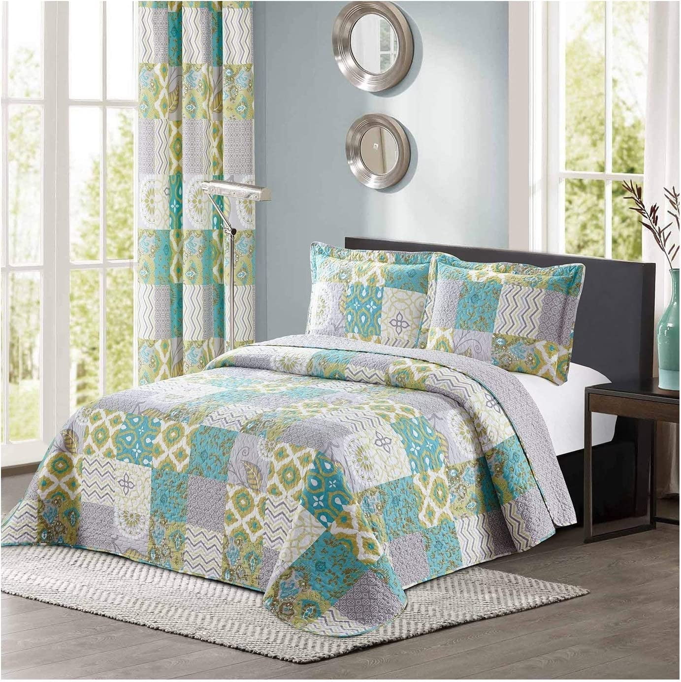 All American Collection New 3pc Printed Modern Geometric Bedspread Coverlet Quilt Set Matching Curtains Available (King/Cal King Size, Blue/Green & Yellow)