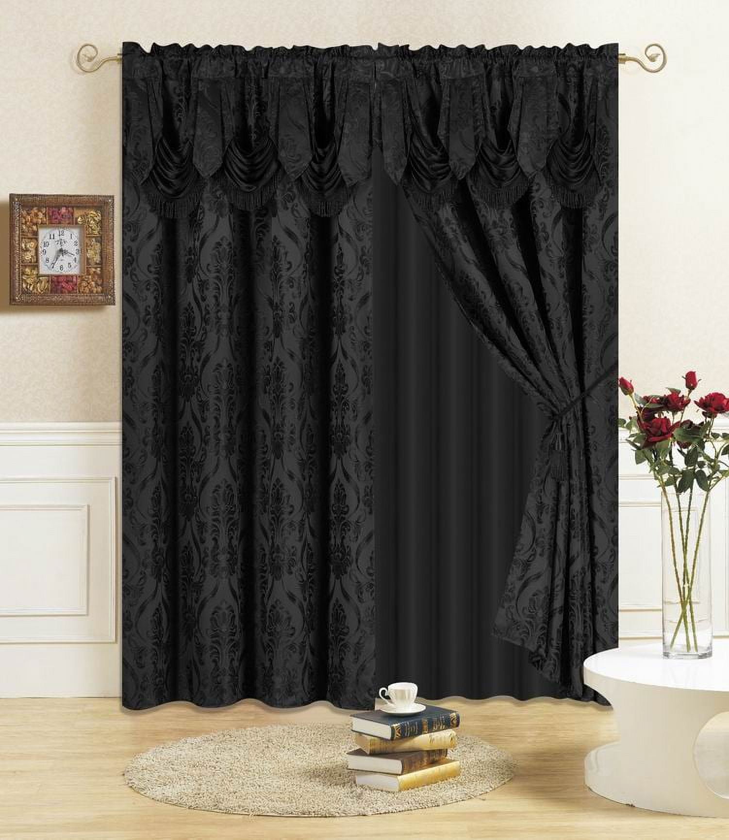 Black Sheer Polyester Rod Pocket Curtain Set with Valance