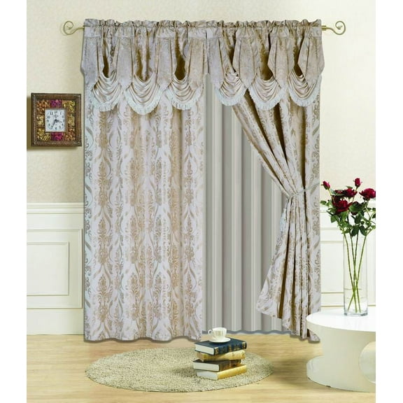 All American Collection New 4 Piece Drape Set with Attached Valance and Sheer with 2 Tie Backs Included