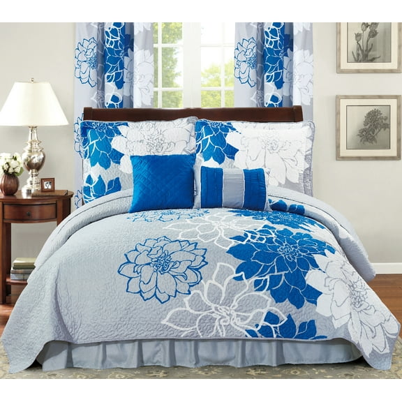 All American Collection New 4 Piece Printed Reversible Bedspread Set with Dust Ruffle (Blue/Grey, Twin Size)