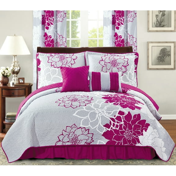 All American Collection New 4 Piece Printed Reversible Bedspread Set with Dust Ruffle (Purple/Grey, Twin Size)