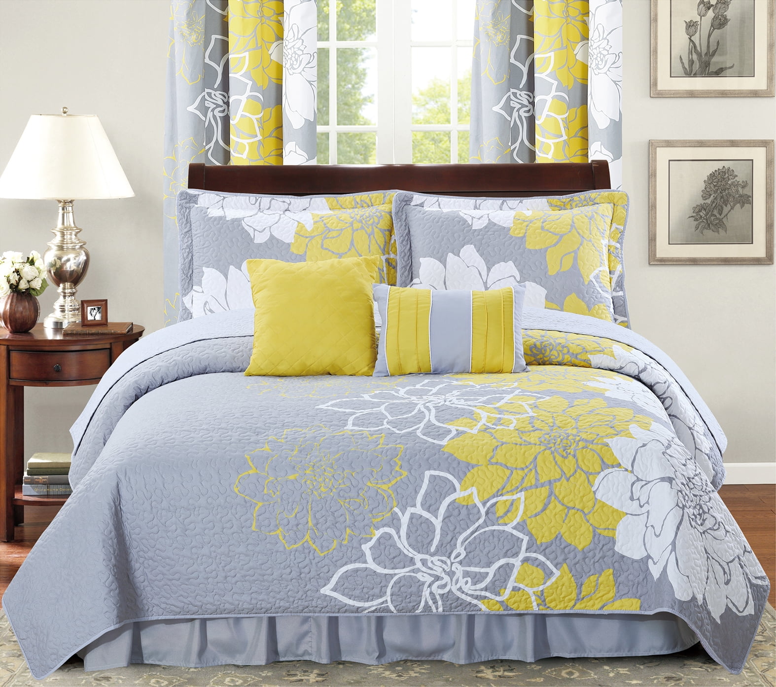 Gray and Yellow Floral Reversible Cotton King Quilt Set