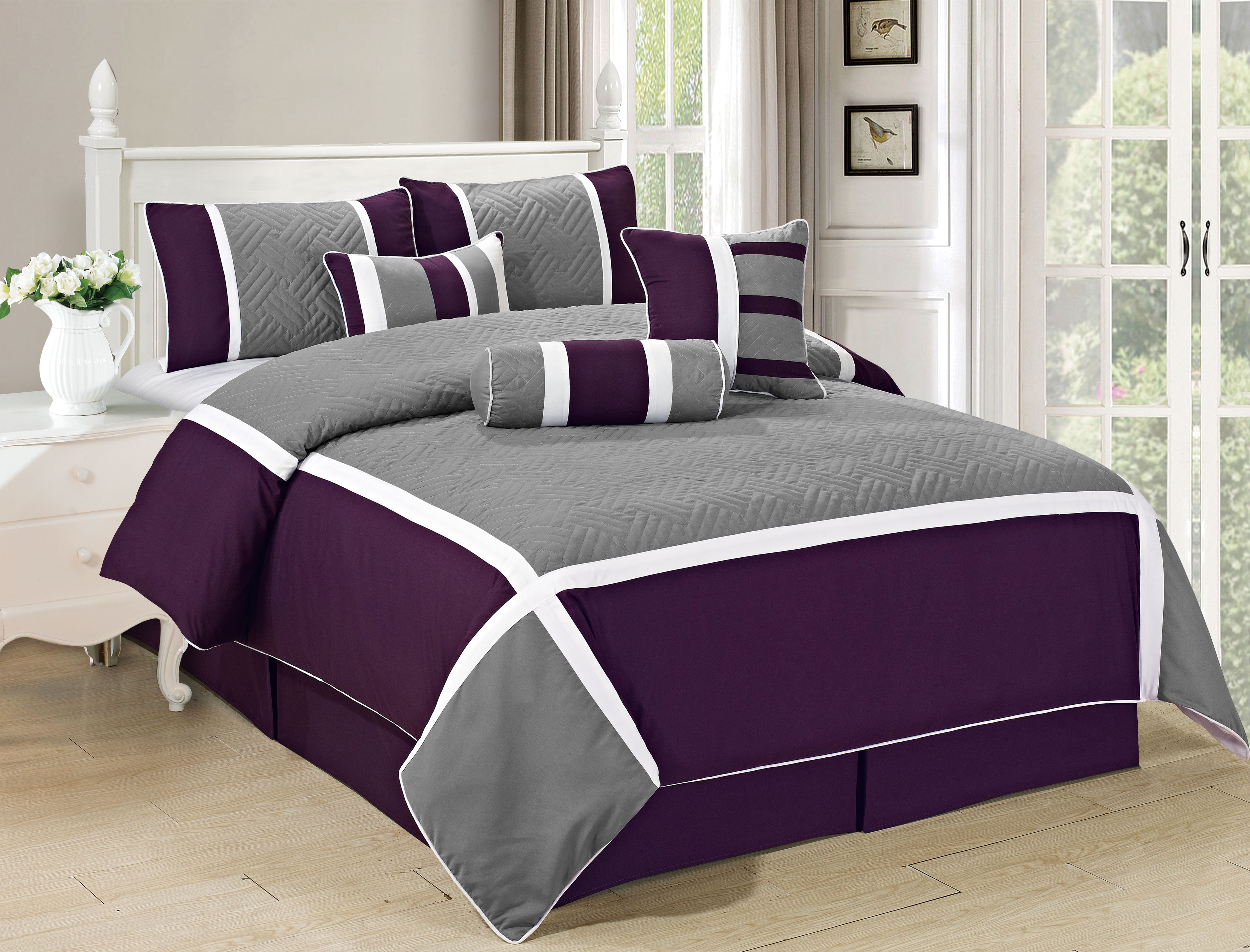 King Size Purple and Grey Cotton 7-Piece Bed in a Bag Set