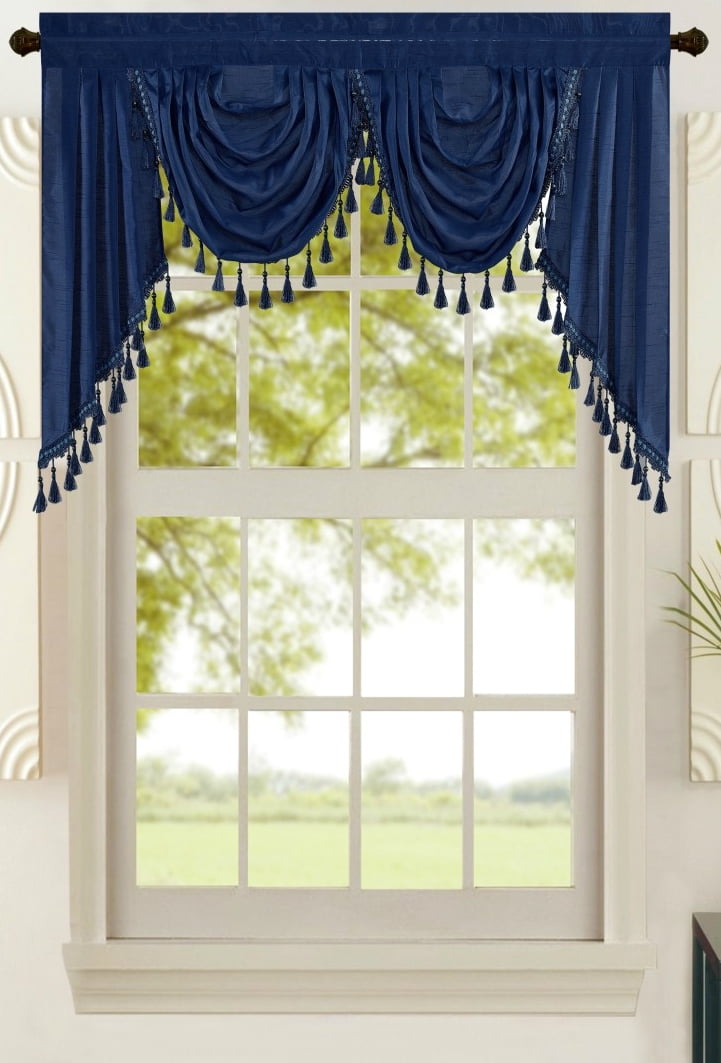 Navy Faux Silk Double Waterfall Valance with Tails